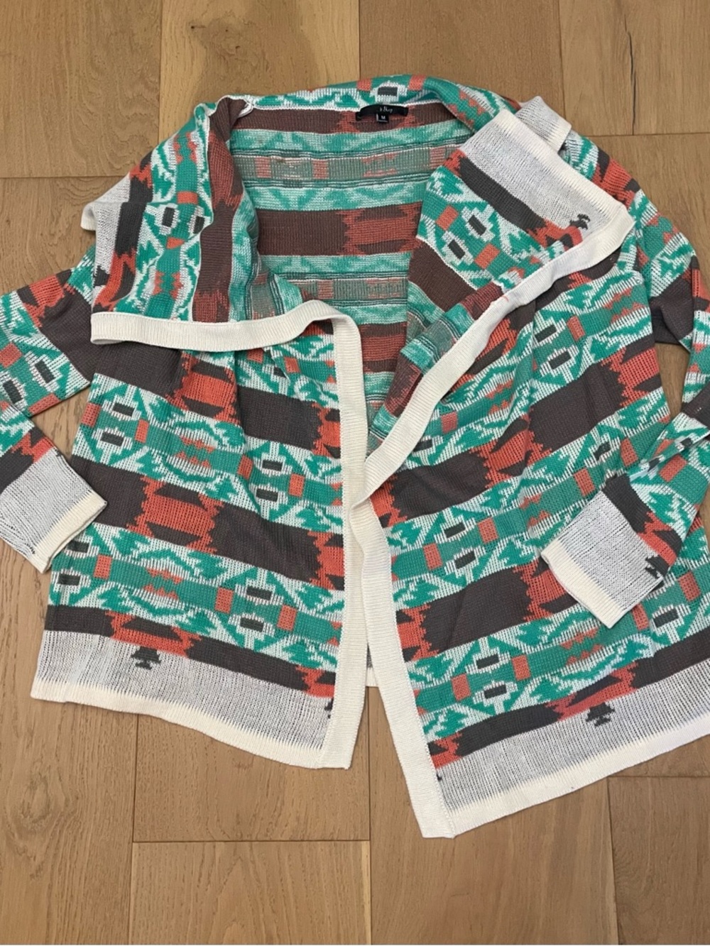 Open Front Aztec Pattern Cardigan - Teal, Coral, Charcoal
